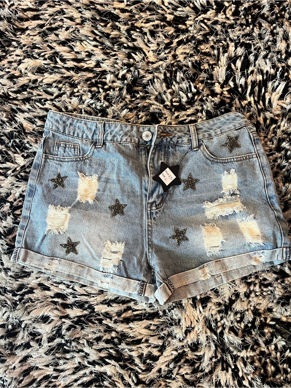 Designer Light Blue Distressed Star Jean Shorts